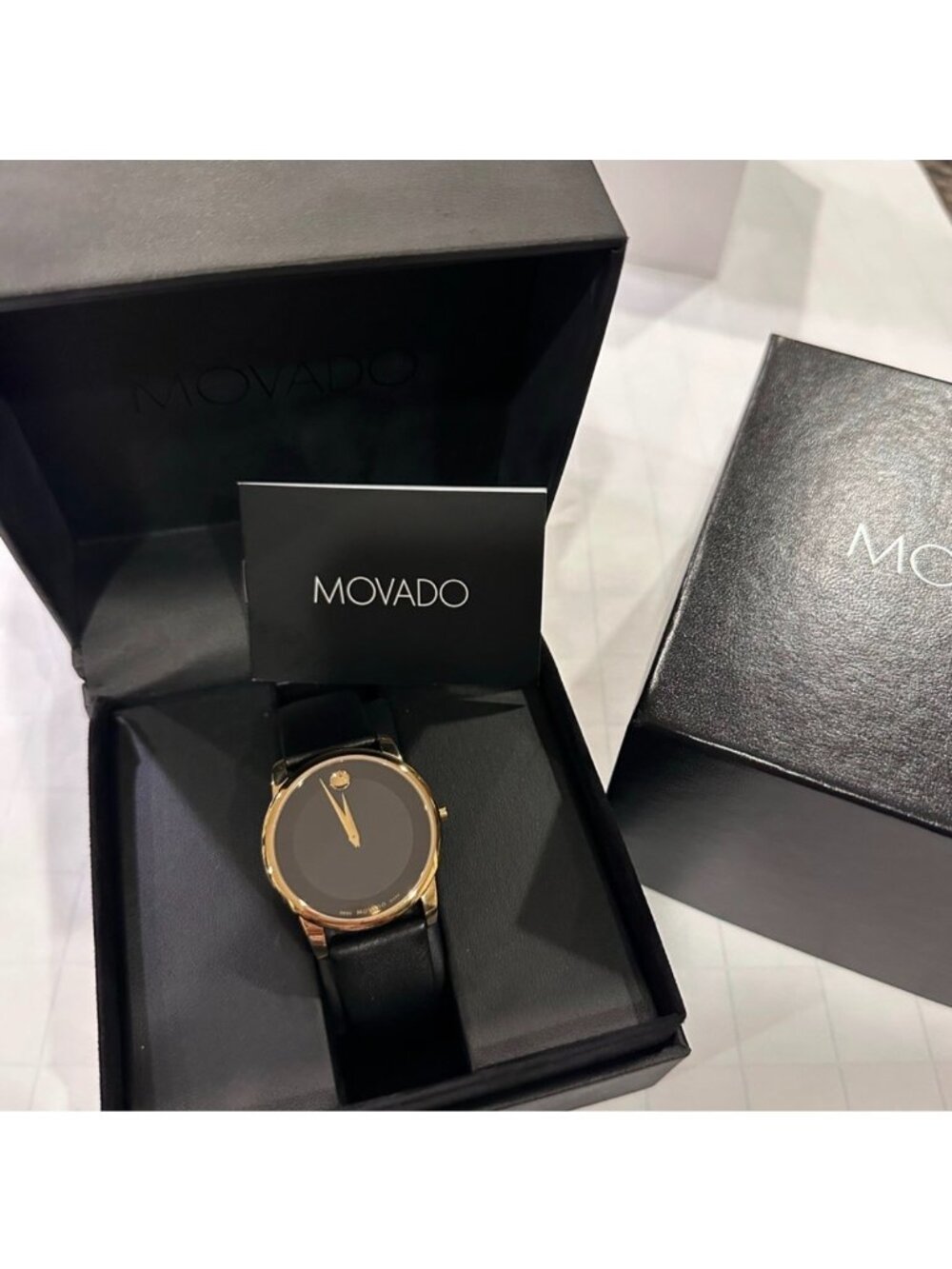 Movado Mens Black Dial Gold-Tone Case Leather Strap Watch With Box